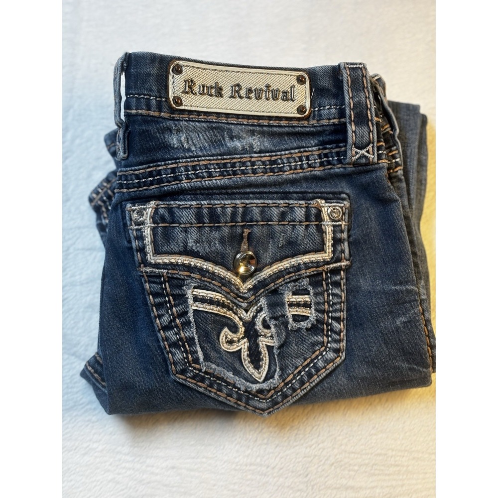 Rock Revival Jeans Sukara Women's Sz 29 Crop Distressed Embroidered Flap Pocket